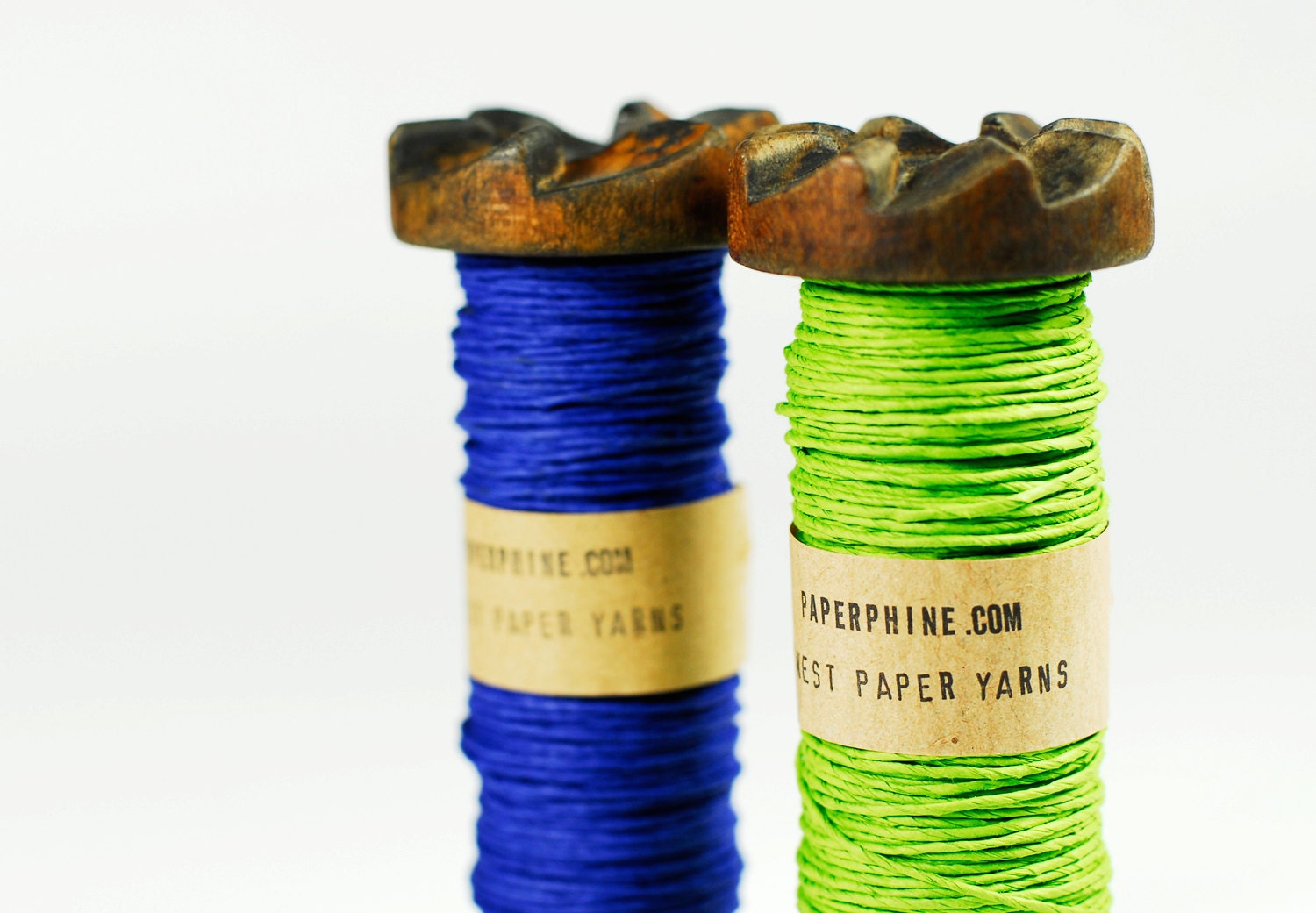 Fresh Green Paper Twine on an Old Wooden Braider's Bobbin / Lime Green Paper String