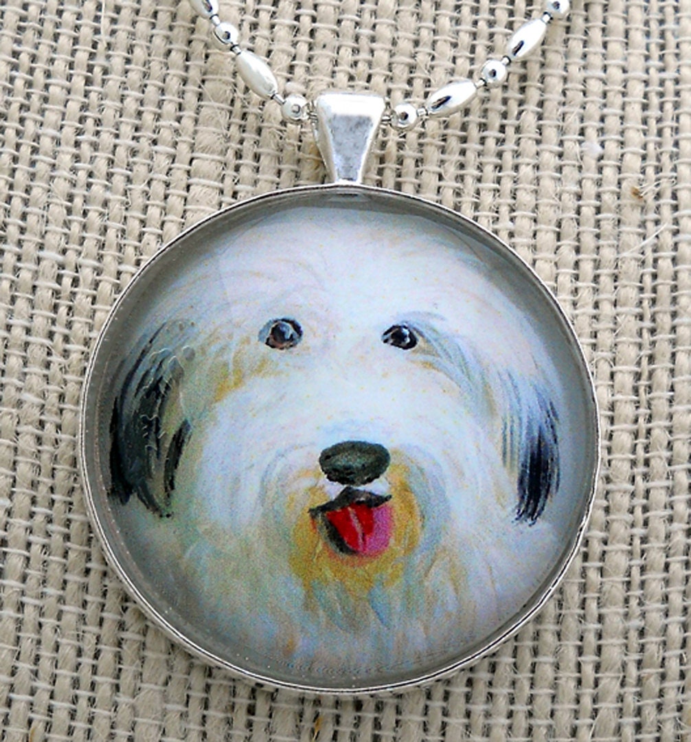 English Sheepdog Pendant Necklace Original Art Mini Painting