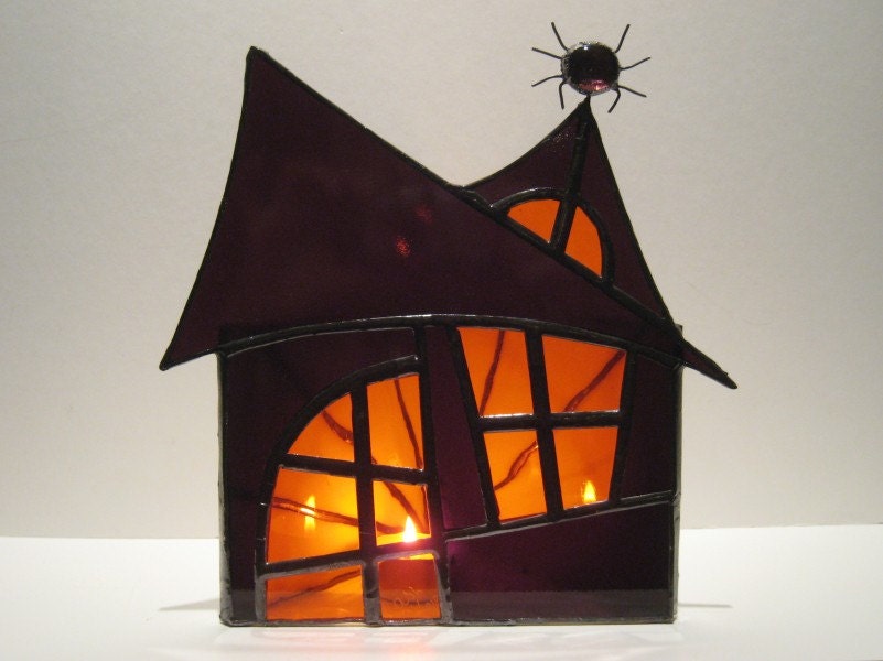 Halloween Stained Glass Candle Holder Decoration Haunted Mansion Wicca Purple Orange 3 Handmade OOAK