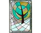 Modern Stained Glass Window Panel Landscape Pink Green Handmade OOAK