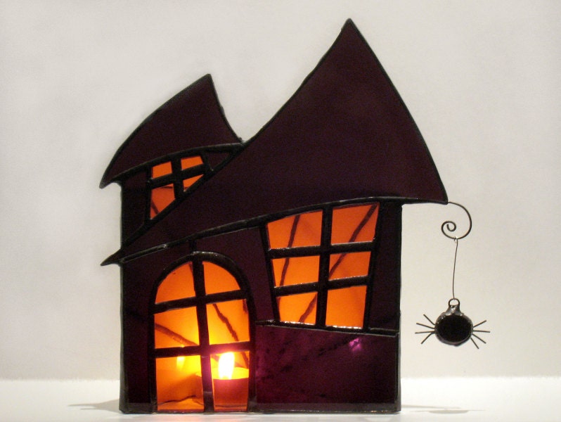 Halloween Decoration Stained Glass Candle Holder Large Purple Orange 2  Handmade OOAK