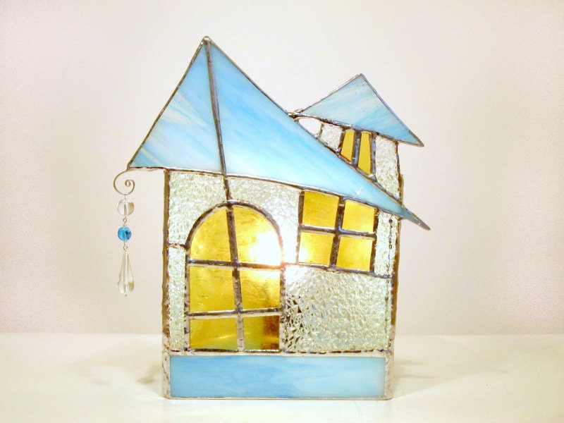 Stained Glass Lamp Turquoise Ice Cottage Handmade OOAK