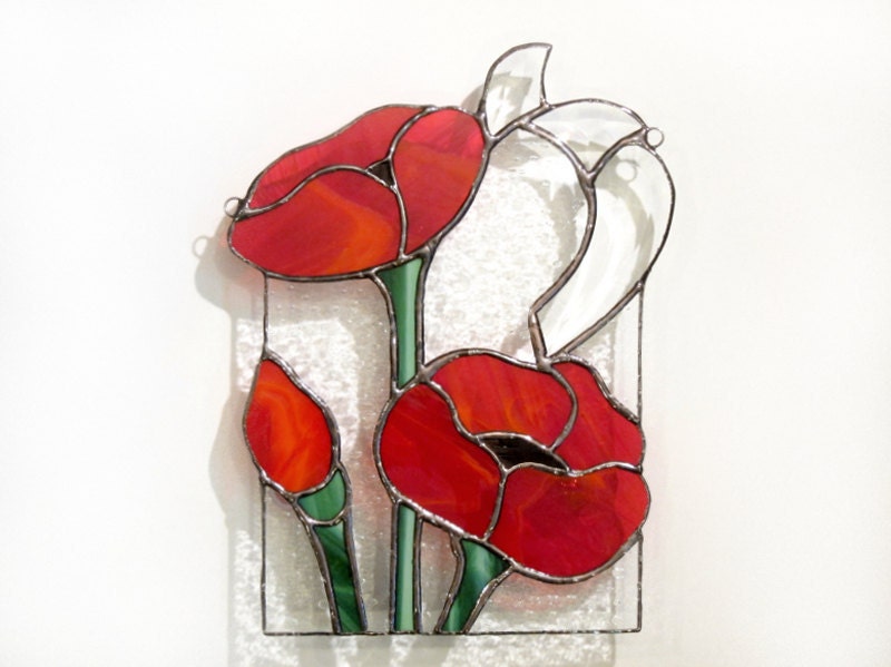 Poppies Stained Glass Suncatcher Panel Red Handmade OOAK - FleetingStillness