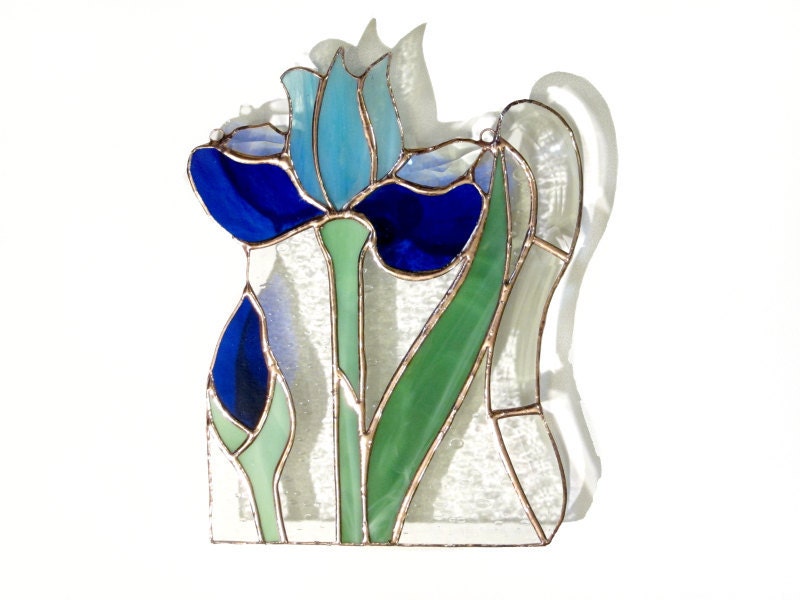 Iris Stained Glass Panel Blue Suncatcher Stained Glass Window Panel Handmade OOAK