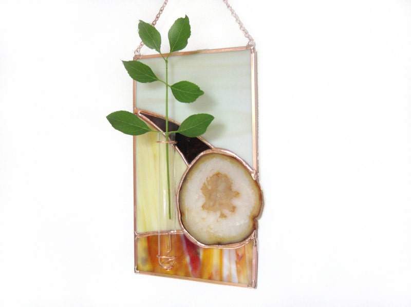 Wall Vase Agate Geode Stained Glass Panel Suncatcher Bud Vase Brown Beige Handmade OOAK