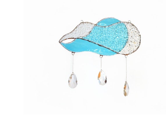 Rain Cloud Stained Glass Sun Catcher Blue Crystals Handmade OOAK