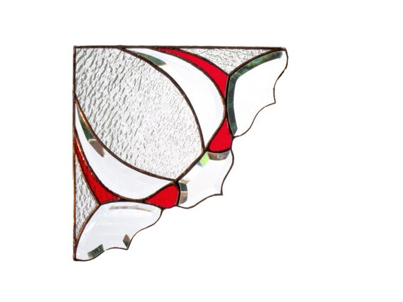 PAIR Red Stained Glass Window Valance Victorian Window Corners Bevels White Panel Handmade OOAK