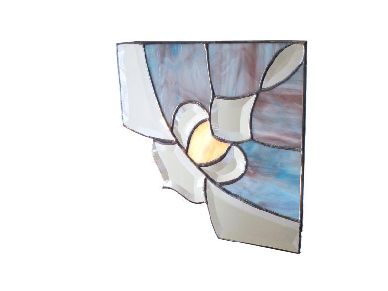RESERVED for debraolson3 - Valance Stained Glass Window Corners PAIR Victorian Blue Purple Bevels White Panel Handmade OOAK