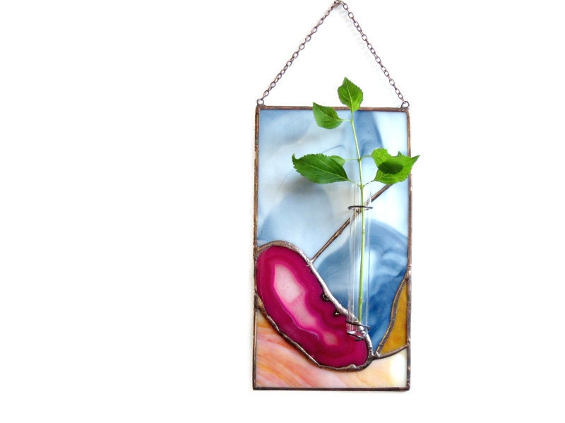 Stained Glass Panel Bud Vase Agate Geode Wall Vase Pink Blue Sun Catcher Handmade OOAK