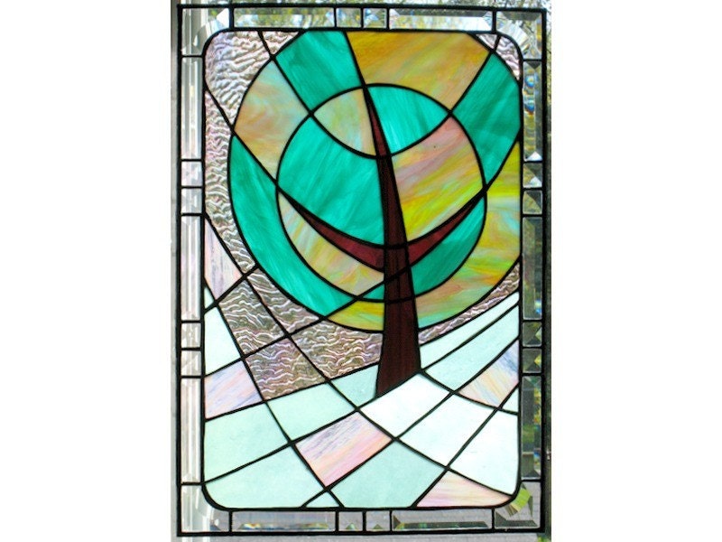 Modern Stained Glass Window Panel Landscape Pink Green Handmade OOAK