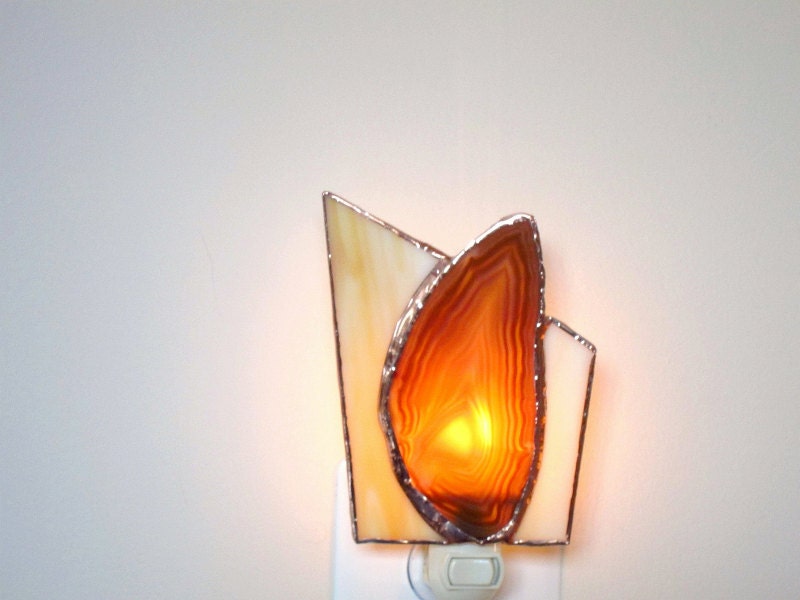 Agate Stained Glass Night Light Amber Geode Slice Nightlight Handmade OOAK