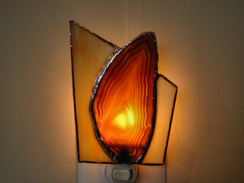 Agate Stained Glass Night Light Amber Geode Slice Nightlight Handmade OOAK