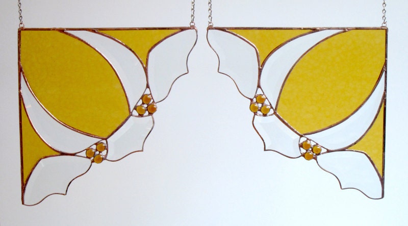 PAIR Stained Glass Window Corners Window Valance Amber Yellow Bevels White Panel Handmade OOAK