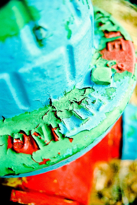 Boys room Photograph red blue green paint fire hydrant summer letters texture 50s bright - Peeling away the layers 11x14 fine art photo