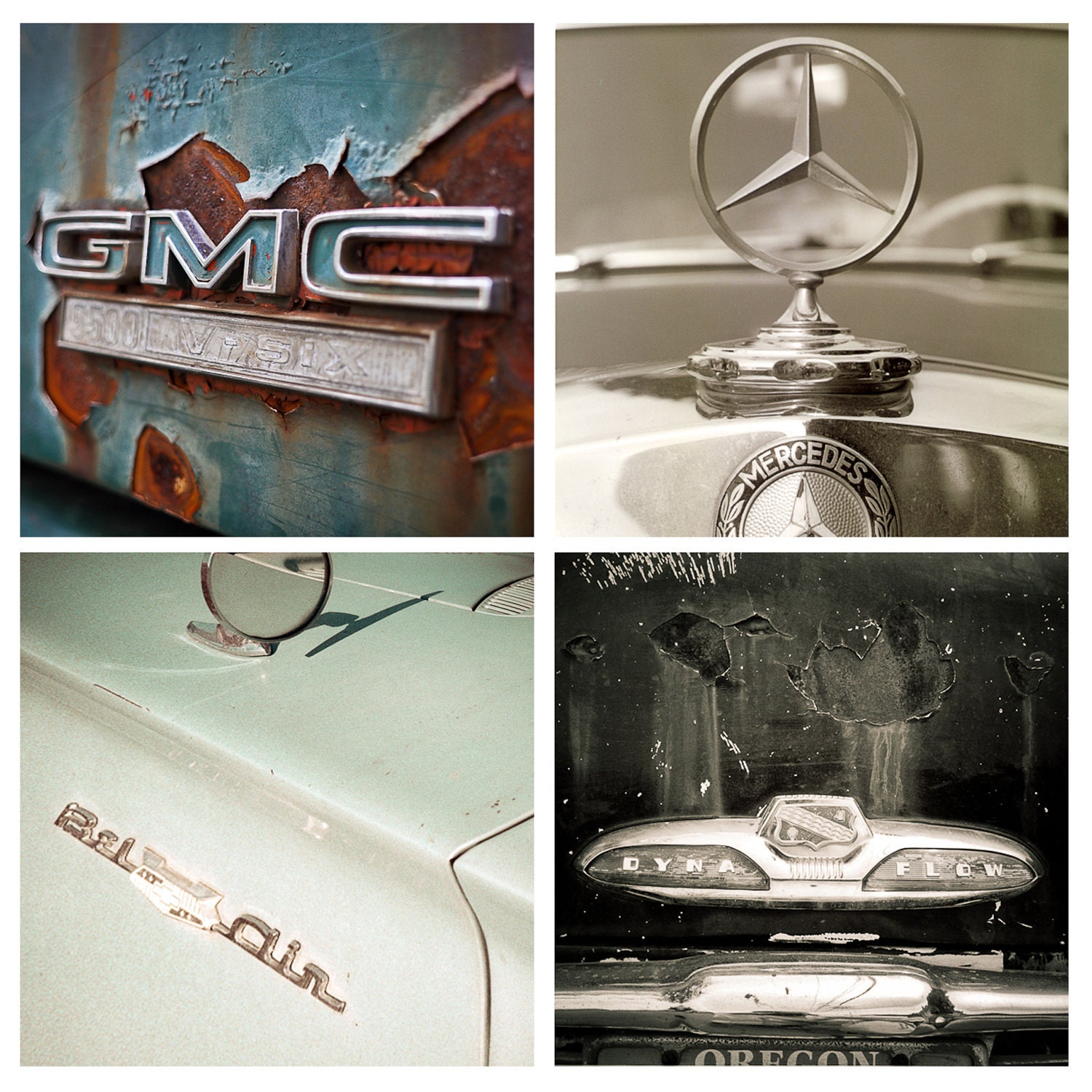 SALE Set of 4 Vintage Vehicle Emblems Images 4x4 fine art photos color for him dad buick 50s gmc teal rust mercedes emblem bel-air cars