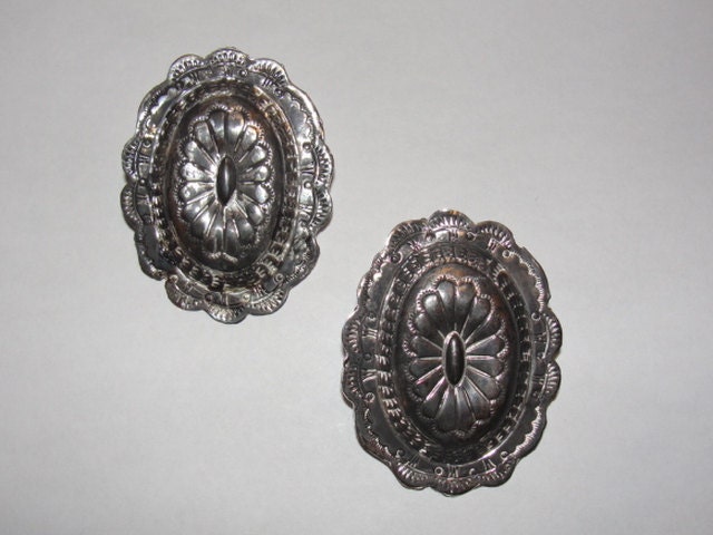 Native American Inspired Large Sterling Silver Concho Earrings with Navajo or Zuni Inspired Stamping