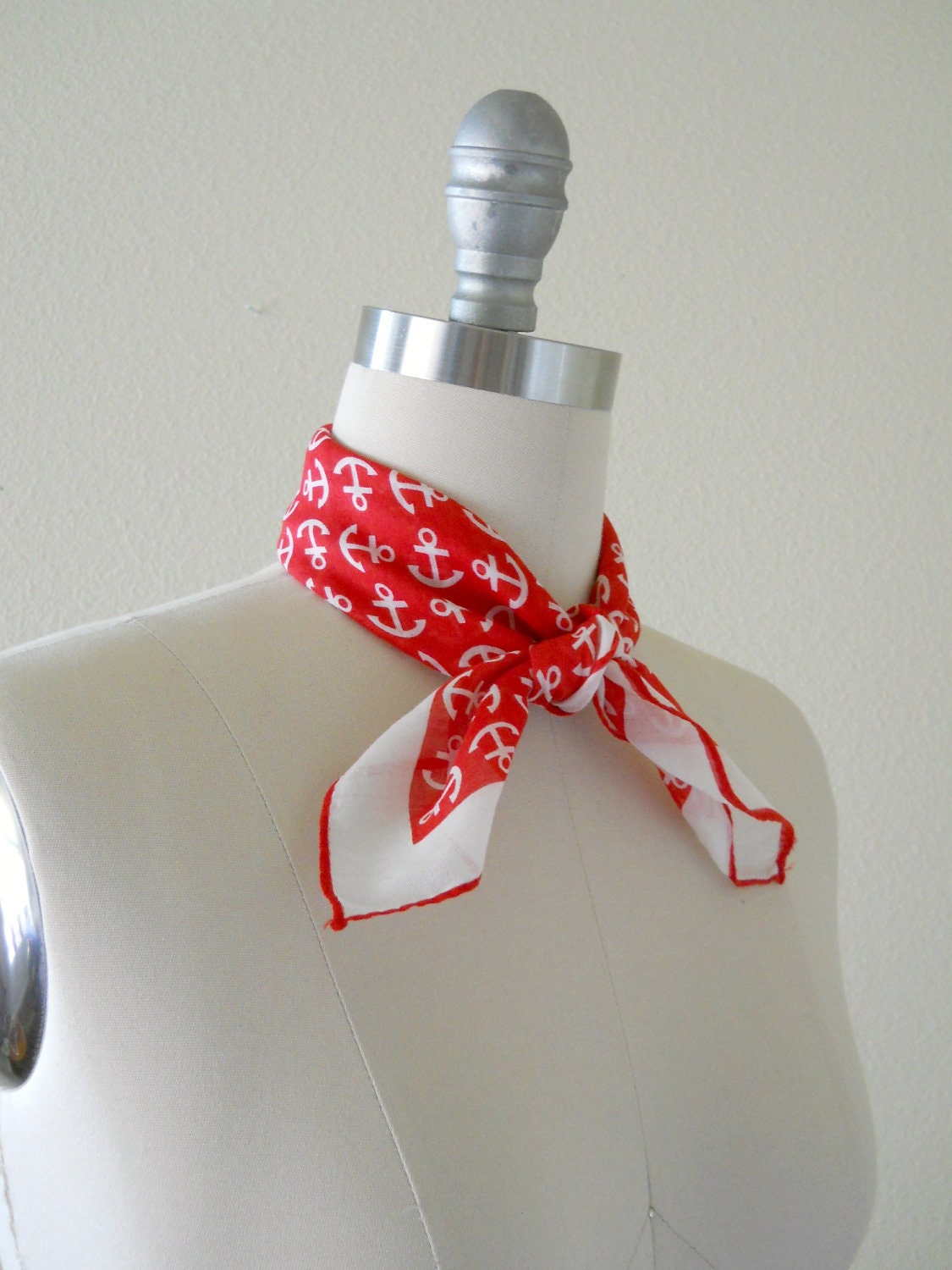 Vintage Scarf -- Red Cotton Anchor Print Neck Tie Head Scarf -- Nautical Summer