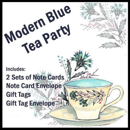 Blue Flower Modern Tea Party Stationary Set - Printable PDF
