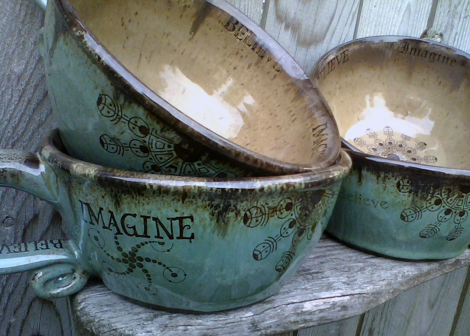 Handmade ceramic soup mugs Set of 2 stoneware pottery Over-sized Coffee Mugs Mint Green Brown Purple - Rustic Earthy Pottery - CropCircleClay