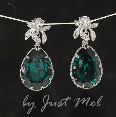 Emerald Green Earrings, Cubic Zirconia Orchid, Swarovski Crystal Earrings - Wedding Earrings, Bridesmaid Earrings, Bridal Jewelry (E249)