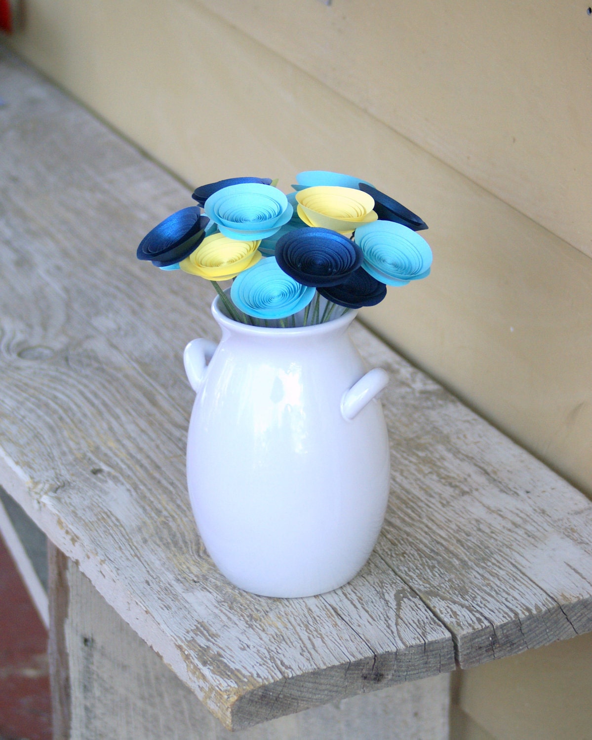18 Paper Flowers in Blue, Aqua, and Yellow. Modern Spring Bouquet. Handmade Paper Flower Arrangement