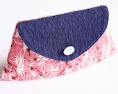 Pink flowered bridesmaid evening clutch with blue flap and white button