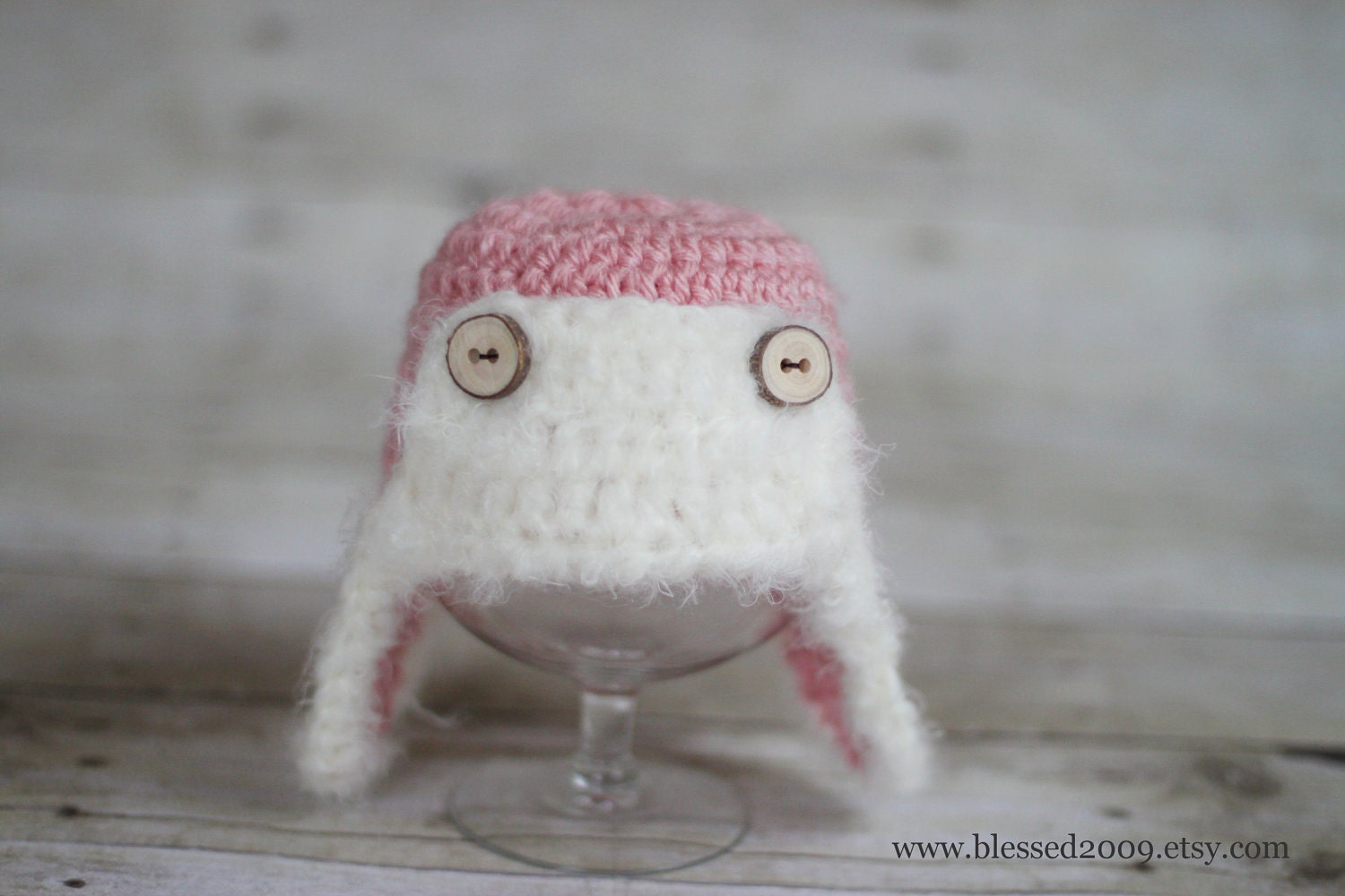 Baby Girl Aviator Hat in Pink with Cream Fur Trim and  Wood Tree Buttons - Photo Prop - Made to Order