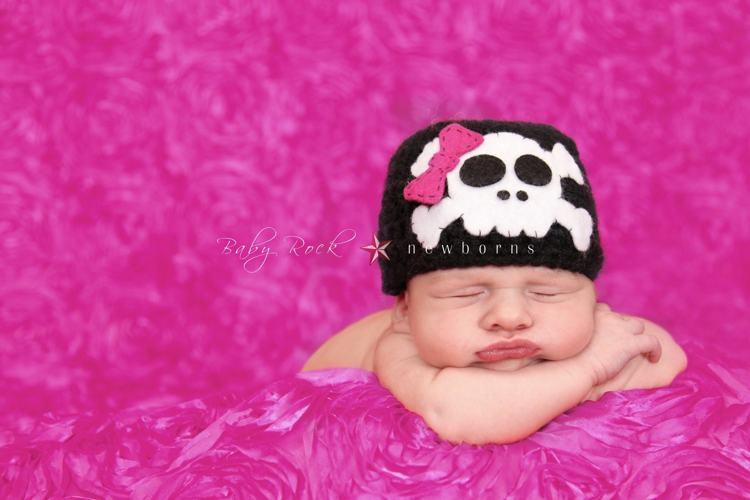 Skull and Crossbones Beanie Hat - For Boys or Girls - With Hot Pink Bow Clip or Sewn on - Punk Rock Pirate - Made to Order