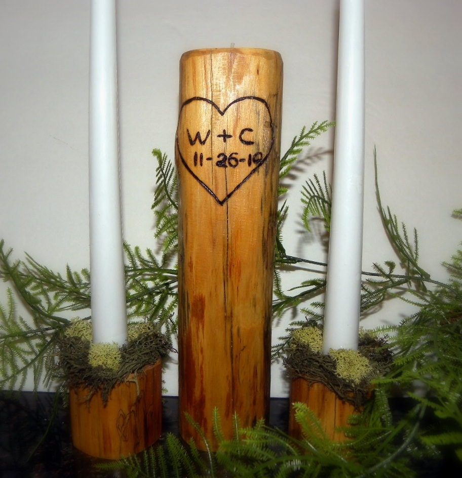 Rustic Mossy Woodland Wedding Unity Candle Sets-PERSONALIZED Made to order-Wooden Tea light Candle Holders