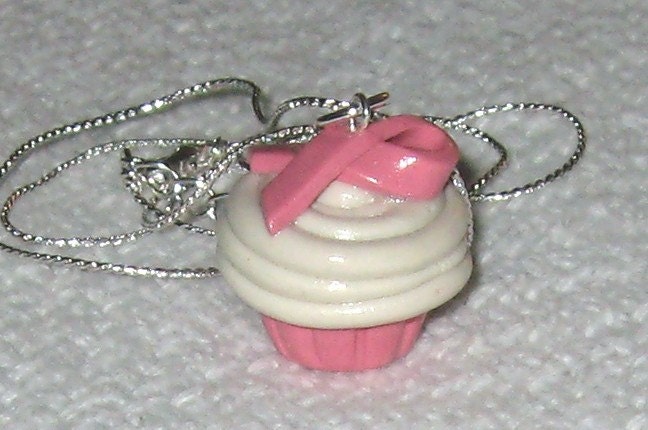 Breast Cancer Awareness Pink and White Ribbon Cupcake Necklace / Pendant