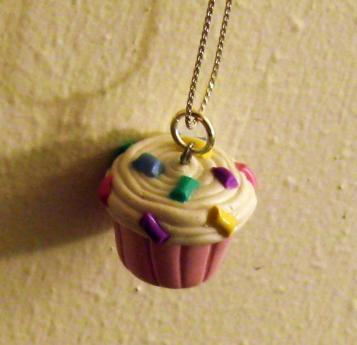 Vanilla Icing With Rainbow Sprinkles Pink or Yellow Cupcake Necklace/ Pendant