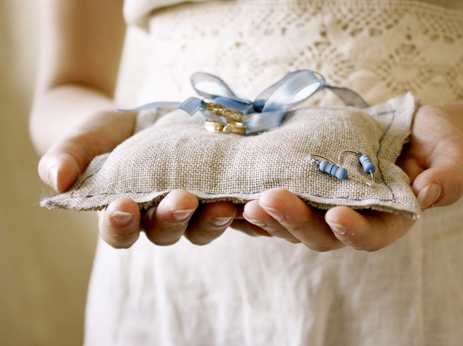 Weddings Linen Ring Bearer Pillow.Handmade Bearer Band Pillow. Blue Resistor Heart Bearer Pillow