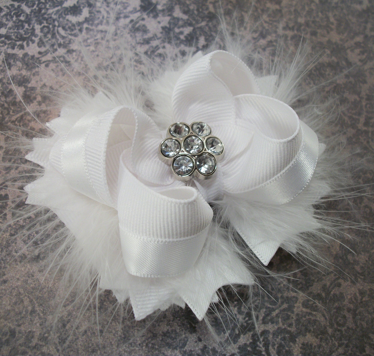 Pure White Bow Fluffy Stacked Boutique Bow with Rhinestone Center 3 inch version
