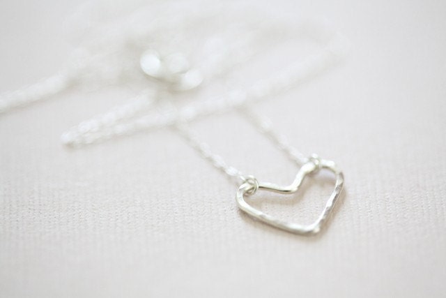 sterling silver open heart necklace - hammered dainty necklace