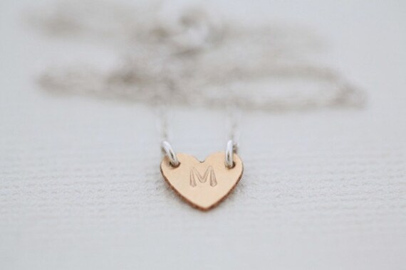 For your bridesmaid - Gold filled Initial tiny heart necklace by hand stamp - gold filled heart with sterling silver chain - MADE TO ORDER
