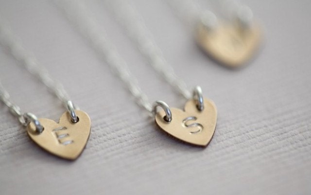 3 personalized bridesmaid necklaces, bridesmaid gift package - tiny initial heart necklaces (gold and silver combination)