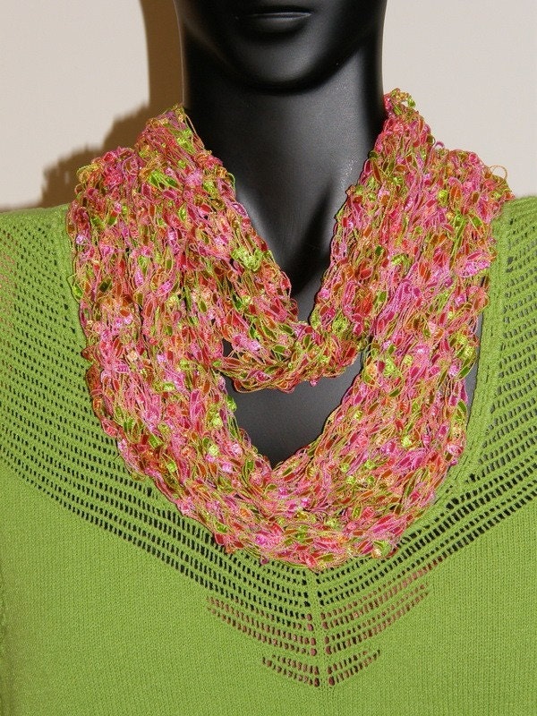 fancy ribbon Scarf Pink Green Fancy Ribbon Yarn Hand Crocheted Confetti by mcleodhandcraftgifts