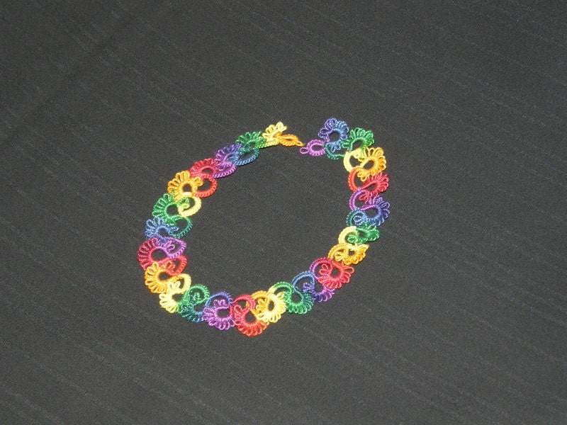 Necklace Hand Tatted Red Yellow Green Blue Cotton Yarn