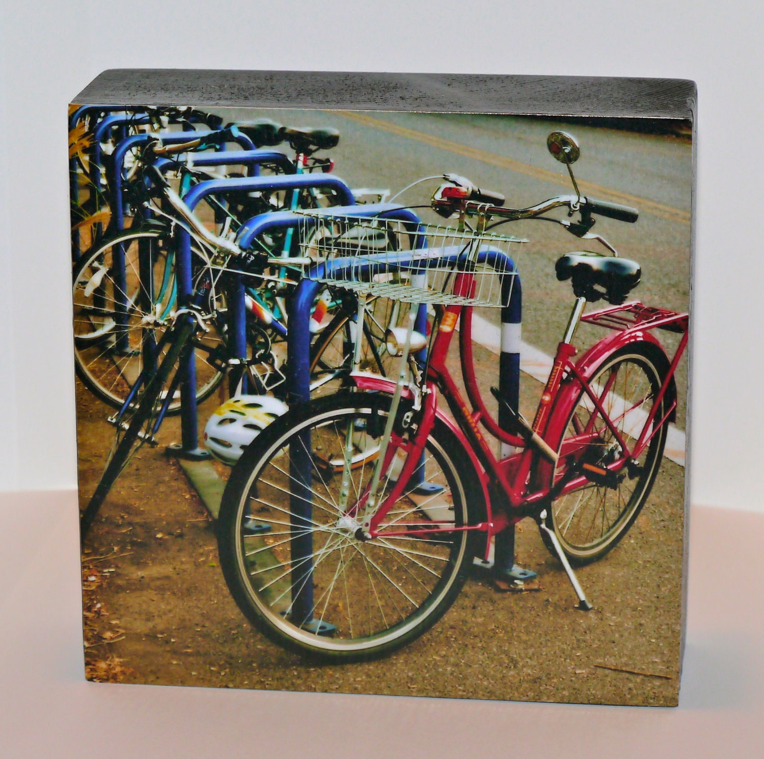 Bicycle Photo Block on Wood - Bikes of Portland Red - Wall, Shelf, Desk Art