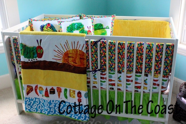Custom 5 Piece Crib Set- Made From Very Hungry Caterpillar Fabric- Bumper, Quilt, Crib Skirt and 3 Piece Pillow Set- MADE TO ORDER