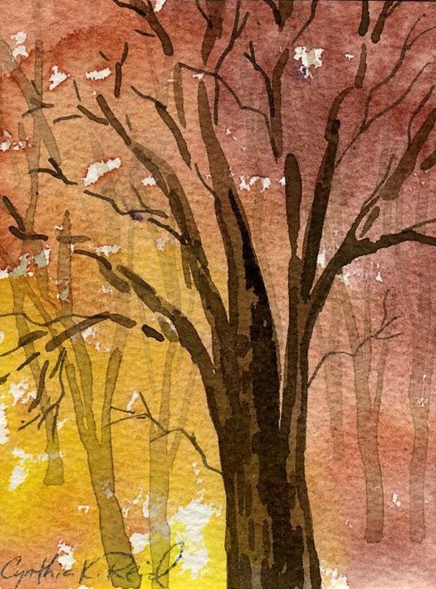 Original watercolor, Autumn Tree, 8 x 10 matted