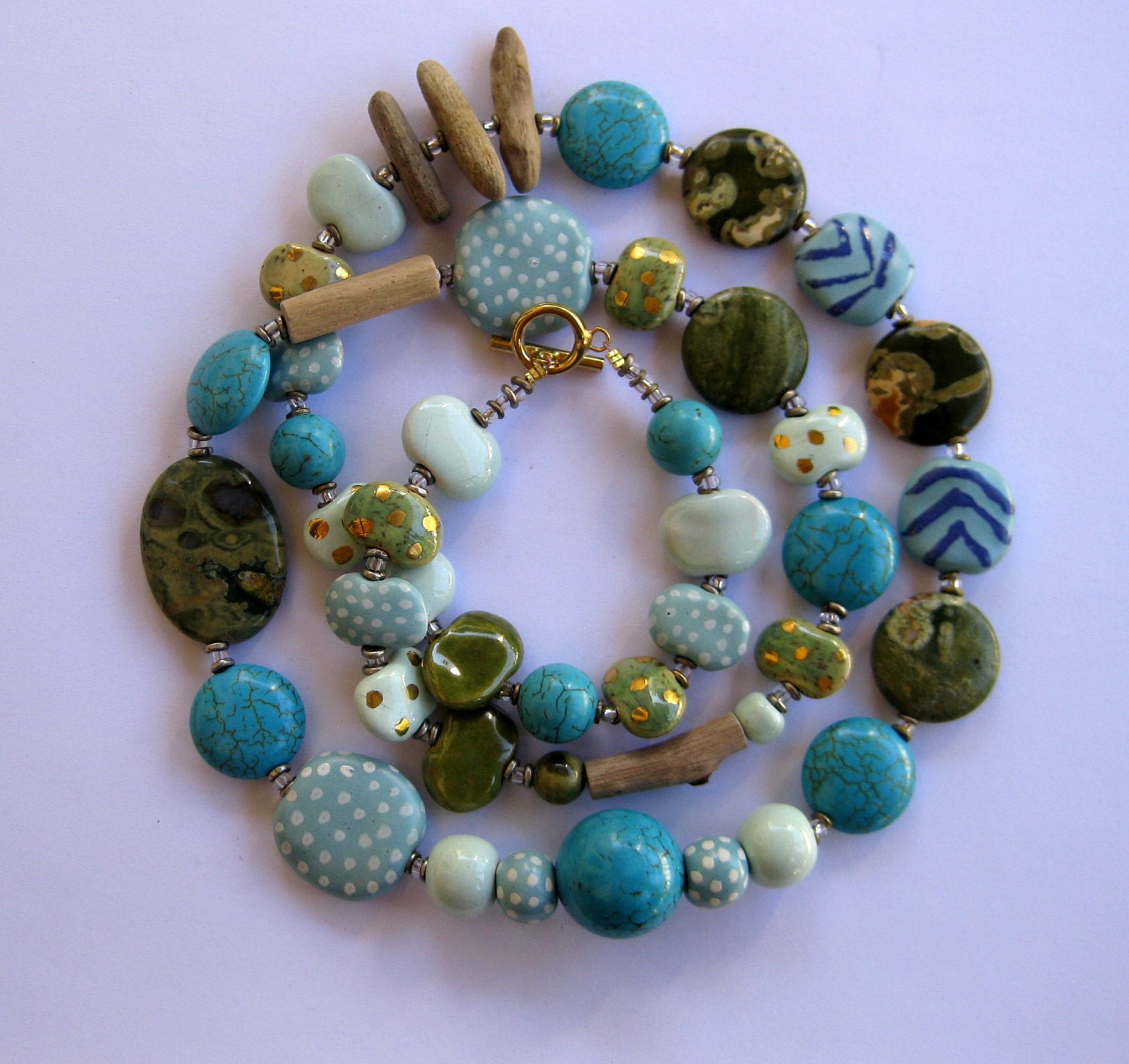 Beaded Necklace, Driftwood, Kazuri Beads, Semi Precious Stones