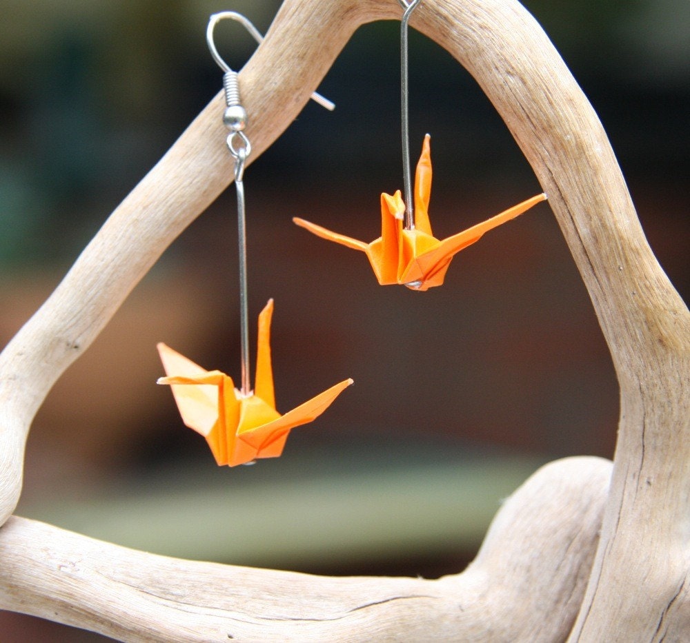 Origami Bird Earrings - Bright Orange - Origami Crane
