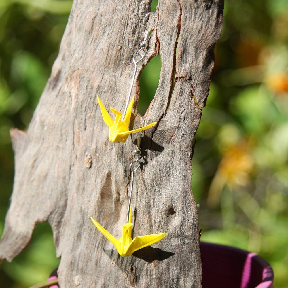 Origami Earrings - Traditional Tsuru - Bright Fluro Yellow - Crane