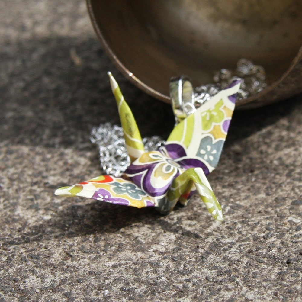 Origami Tsuru Crane Pendant Large - Fluro Green with retro flower details