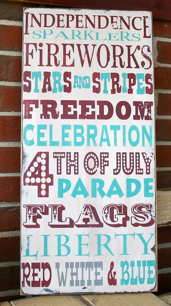 4th of July Typography Word Art Distressed Sign in Weather Worn White