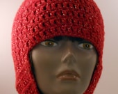 Crocheted Fashion Red Glitter Earflap Hat with Braided Ties