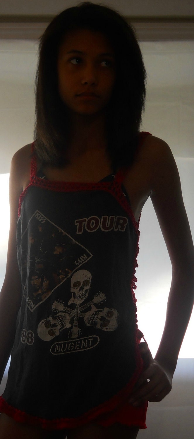 Rock n Roll Crochet Upcycled Vintage Kiss and Ted Nugent 1988 Tour Concert TeeTank  With Heart and Chains