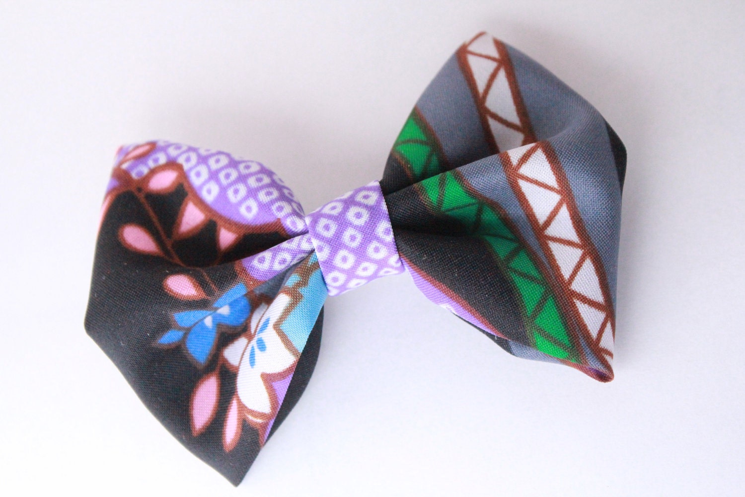 Black and Grey Japanese Floral Print Fabric Bow Barrette Hair Clip