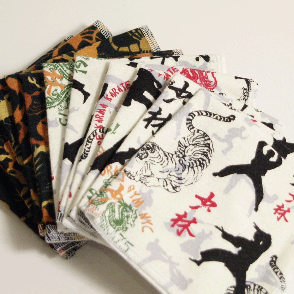 Flannel Hankies Soft Handkerchiefs set of 12 an even dozen ninjas and scorpions black white orange gray red green